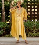 Yellow lurex embroidered kaftan and pant set