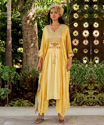 Yellow lurex embroidered kaftan and pant set 2