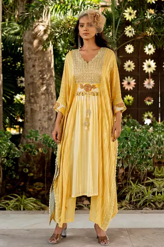 Yellow lurex embroidered kaftan and pant set