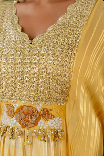Yellow lurex embroidered kaftan and pant set