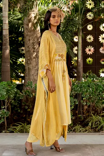 Yellow lurex embroidered kaftan and pant set