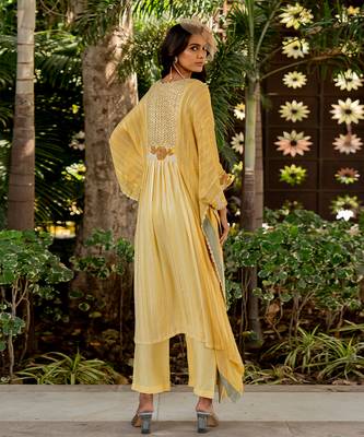 Yellow lurex embroidered kaftan and pant set 5
