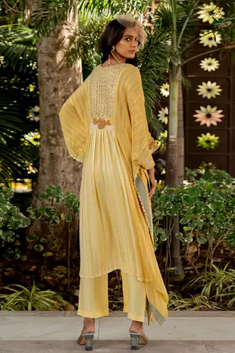 Yellow lurex embroidered kaftan and pant set
