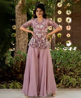 Purple net embroidered sharara set 1