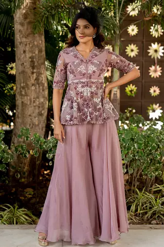 Purple net embroidered sharara set