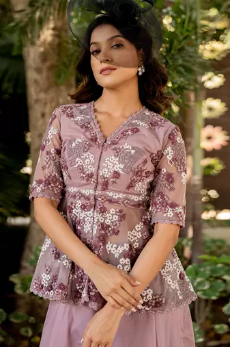 Purple net embroidered sharara set