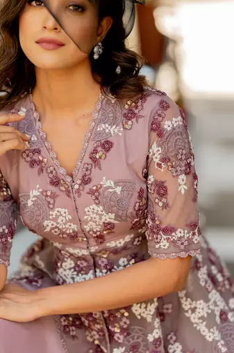 Purple net embroidered sharara set