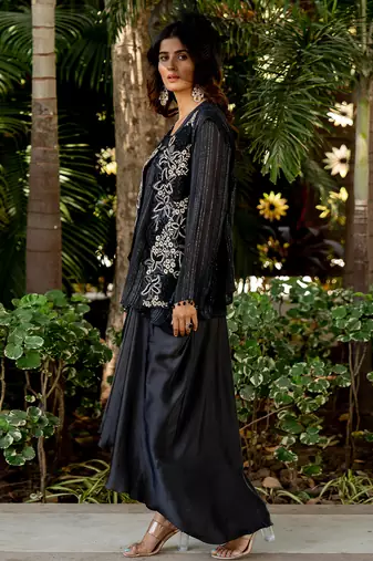 Black lurex embroidered jacket skirt set