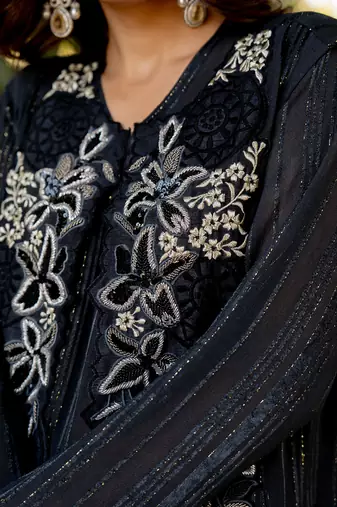 Black lurex embroidered jacket skirt set