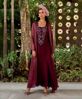 Wine lurex embroidered round dress 1