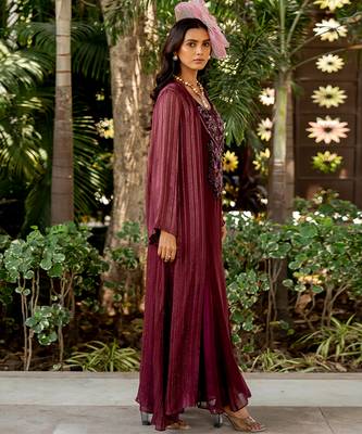 Wine lurex embroidered round dress 2