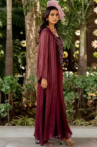 Wine lurex embroidered round dress