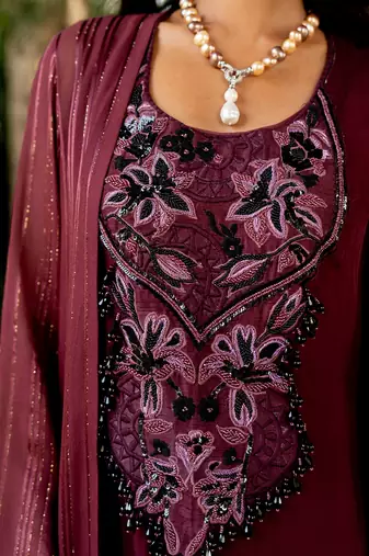 Wine lurex embroidered round dress