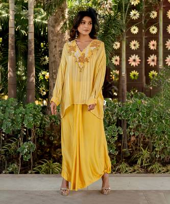 Yellow lurex embroidered top and skirt set 1