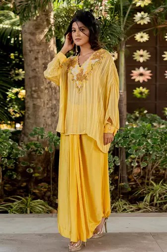 Yellow lurex embroidered top and skirt set