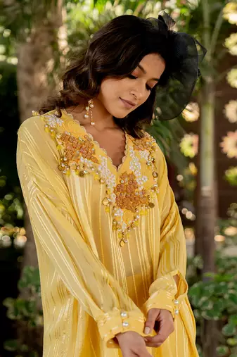 Yellow lurex embroidered top and skirt set