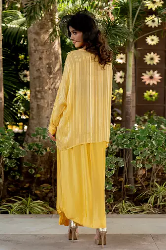 Yellow lurex embroidered top and skirt set