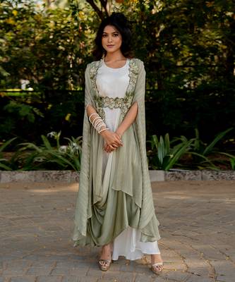 Green crepe embroidered cape with dress 1