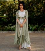Green crepe embroidered cape with dress