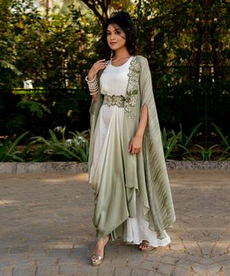 Green crepe embroidered cape with dress 2