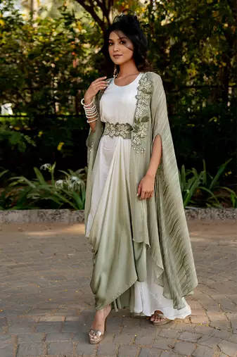 Green crepe embroidered cape with dress