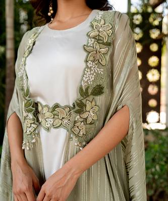 Green crepe embroidered cape with dress 3