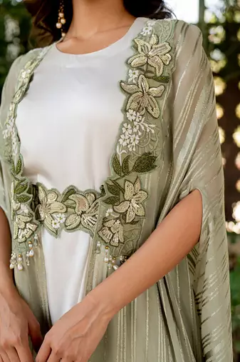 Green crepe embroidered cape with dress