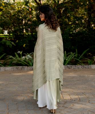 Green crepe embroidered cape with dress 5
