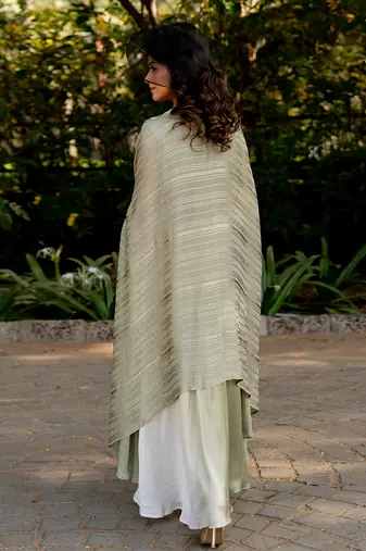 Green crepe embroidered cape with dress