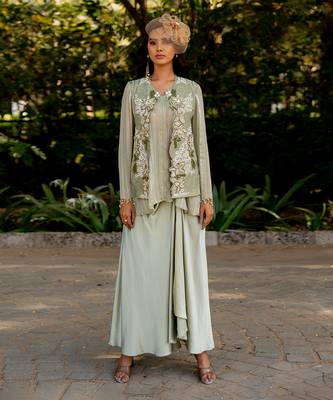 Green lurex embroidered jacket skirt set 1