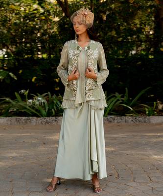 Green lurex embroidered jacket skirt set 2