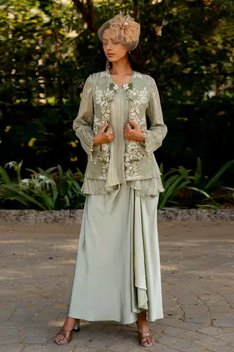 Green lurex embroidered jacket skirt set