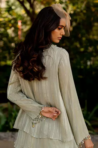 Green lurex embroidered jacket skirt set