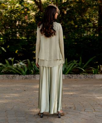 Green lurex embroidered jacket skirt set 5