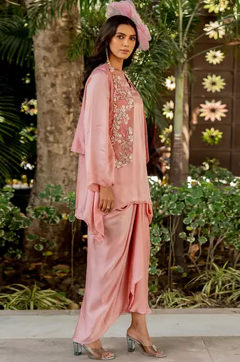 Pink crepe embroidered skirt set
