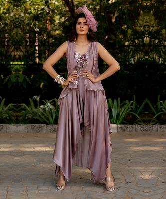 Purple crepe embroidered jumpsuit 1