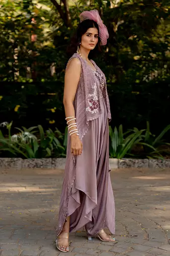 Purple crepe embroidered jumpsuit