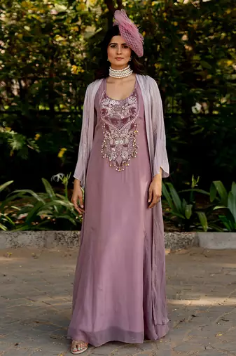 Purple lurex embroidered  cape with dress