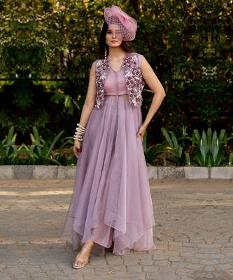 Purple organza embroidered shrug with dress 1