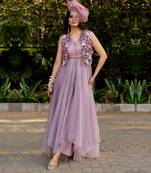 Purple organza embroidered shrug with dress