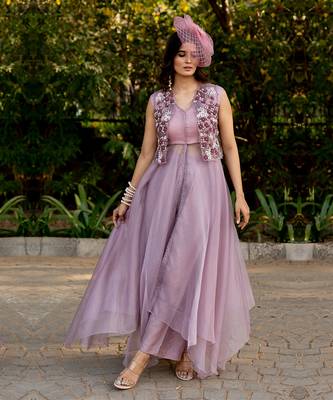 Purple organza embroidered shrug with dress 2