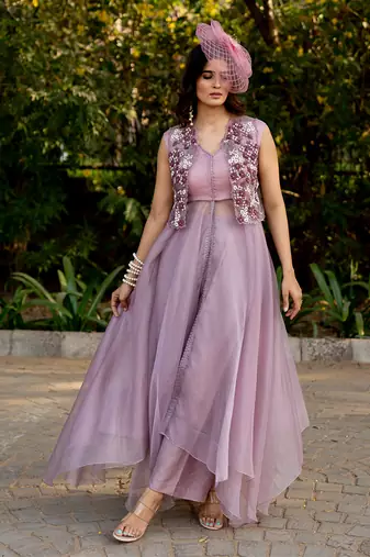 Purple organza embroidered shrug with dress