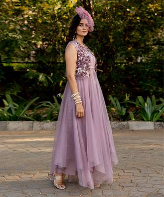 Purple organza embroidered shrug with dress 3
