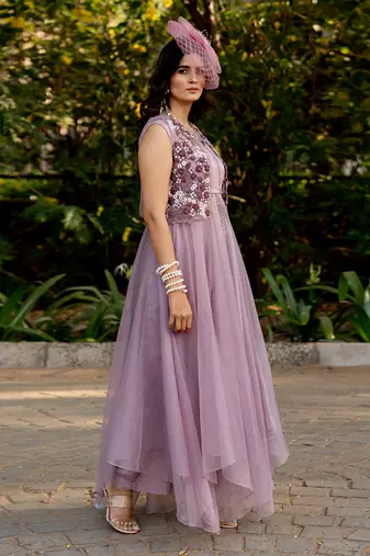 Purple organza embroidered shrug with dress