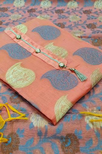 Peach color weaving work banarasi jacquard unstitched chudidar dress material - mrfc11033d
