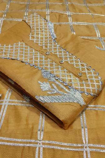 Beige color handwork work modal chanderi unstitched chudidar dress material - mrfc11038c