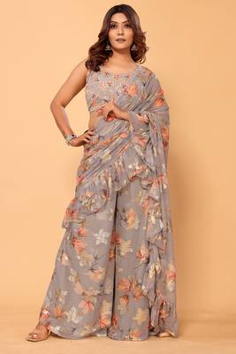 pre draped gorgeous designer jacquard printed ruffle palazzo saree with stitched heavy embroidery georgette blouse 1
