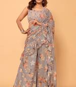 ready to wear gorgeous  designer jacquard printed ruffle palazzo saree with stitched heavy embroidery georgette blouse