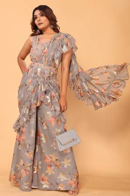 pre draped gorgeous designer jacquard printed ruffle palazzo saree with stitched heavy embroidery georgette blouse 2