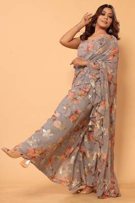 pre draped gorgeous designer jacquard printed ruffle palazzo saree with stitched heavy embroidery georgette blouse 3